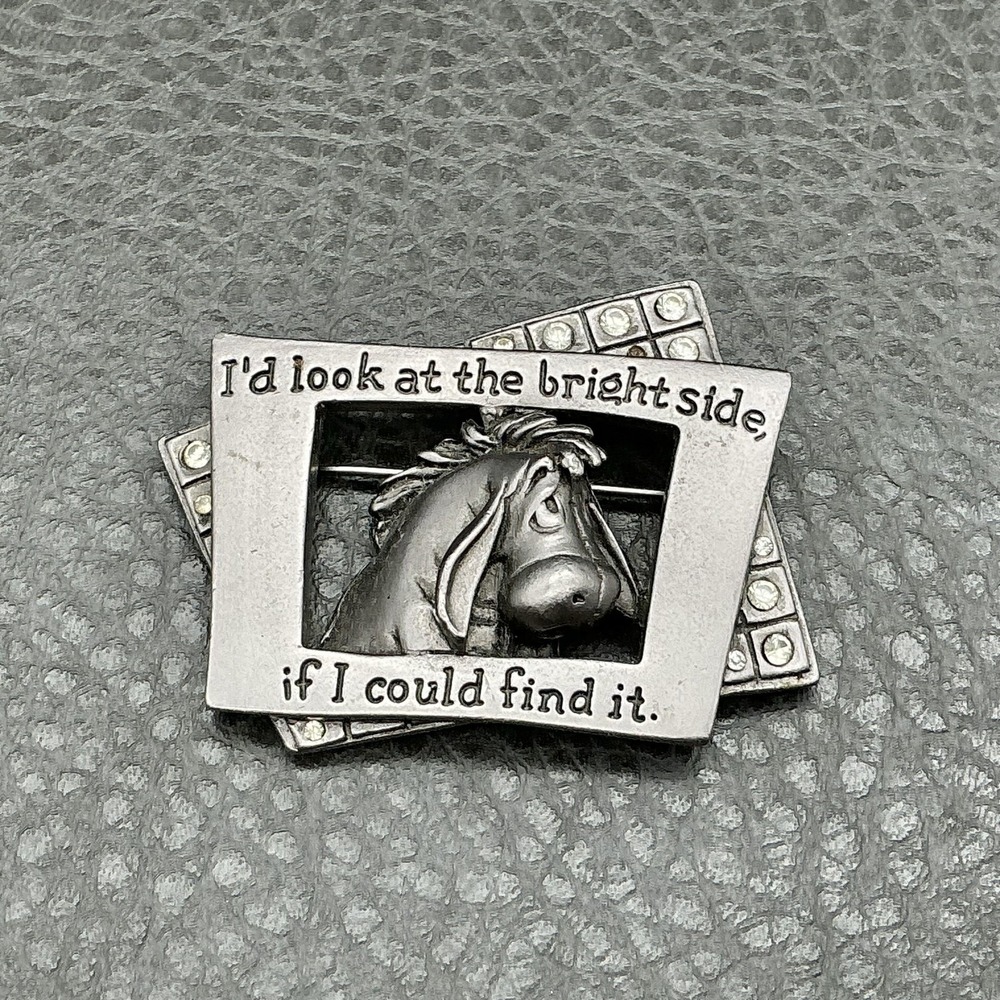 Disney Eeyore Brooch Pin Silver Tone Bright Side Quote Winnie Pooh Jewelry